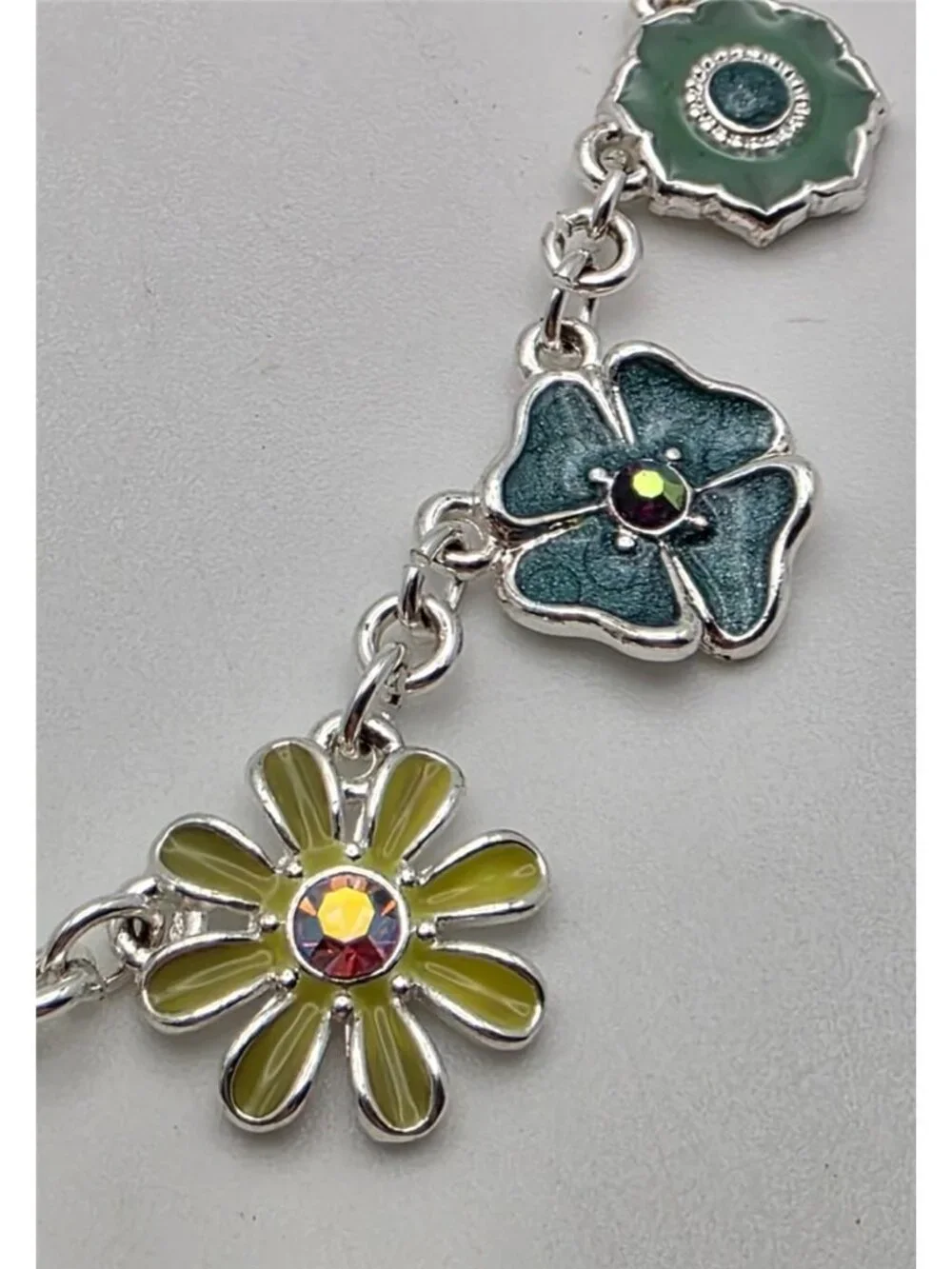 Avon Multicolor Enamel Flower Link Necklace AB Crystal Silver Tone 18.5